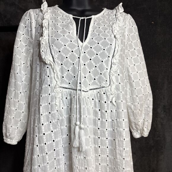 Anthropologie Thames Dress White Eyelet Cotton Womens 4 3/4 Sleeve Mini Boho - Picture 3 of 10